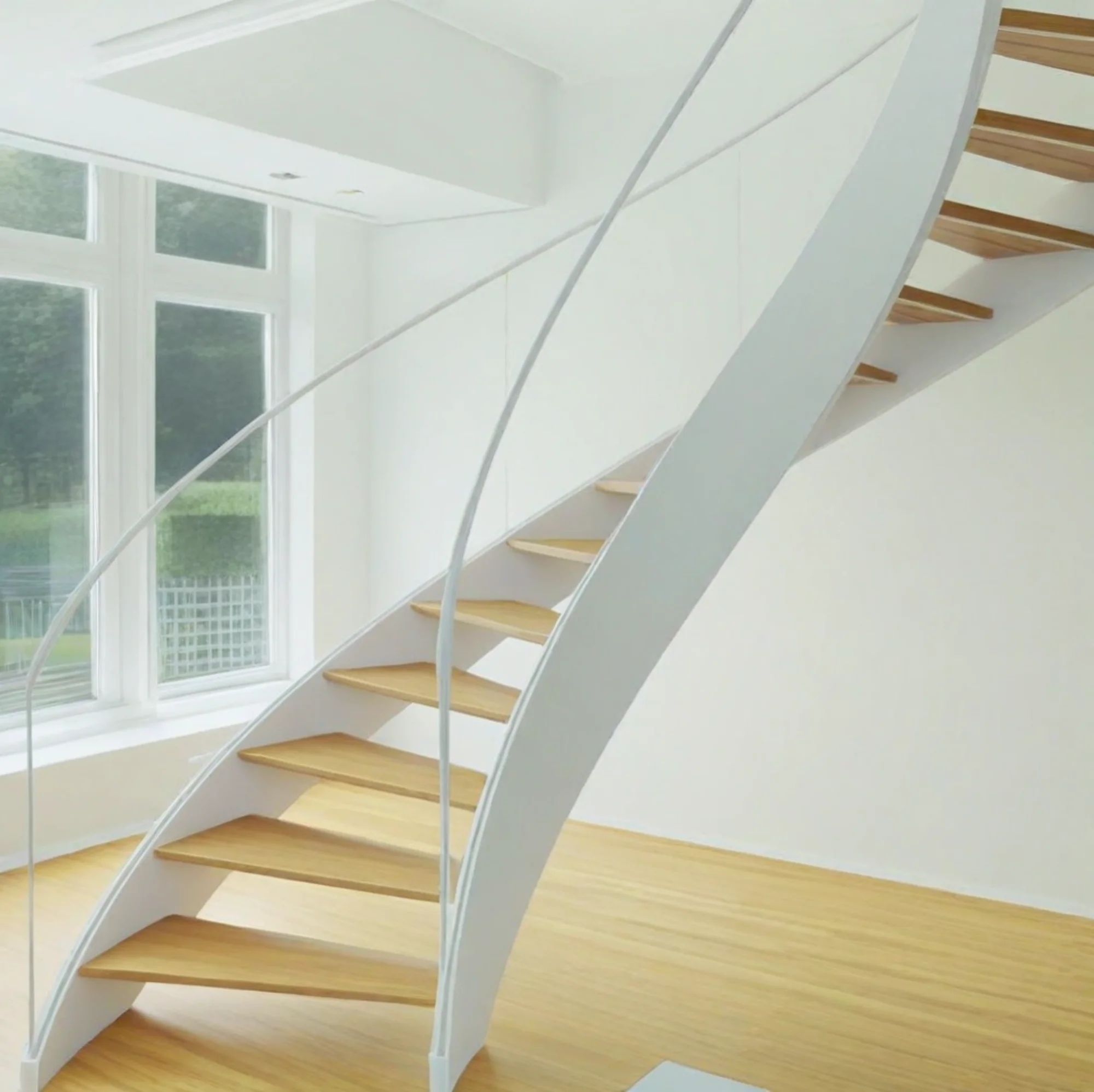A helical staircase with fluid, continuous curves and elegant design